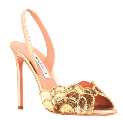 Sandàlies Ce Soir en napa color daurat i detalls brodats amb un elegant taló d’agulla de 105 mm.