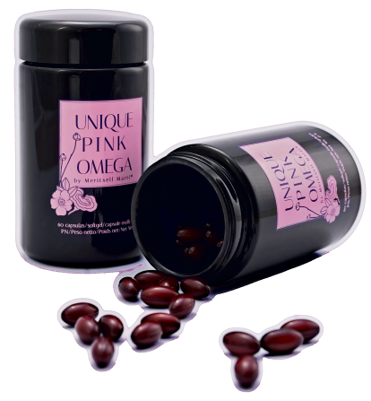 Càpsules Unique Pink omega 100% vegetals ac.grassos 3,6,7,9, glicina, reishi i piperina.