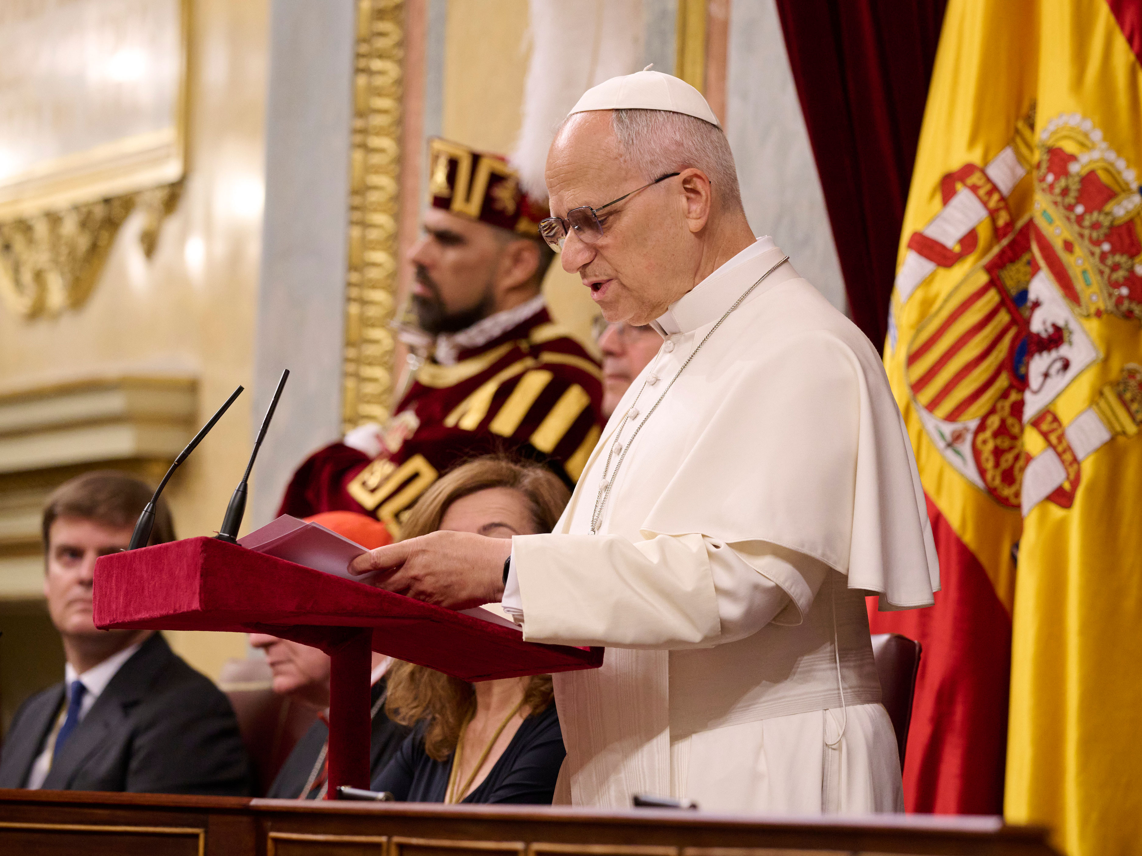 Pope Leo XIV during the speech at the Congress of Deputies of Spain.