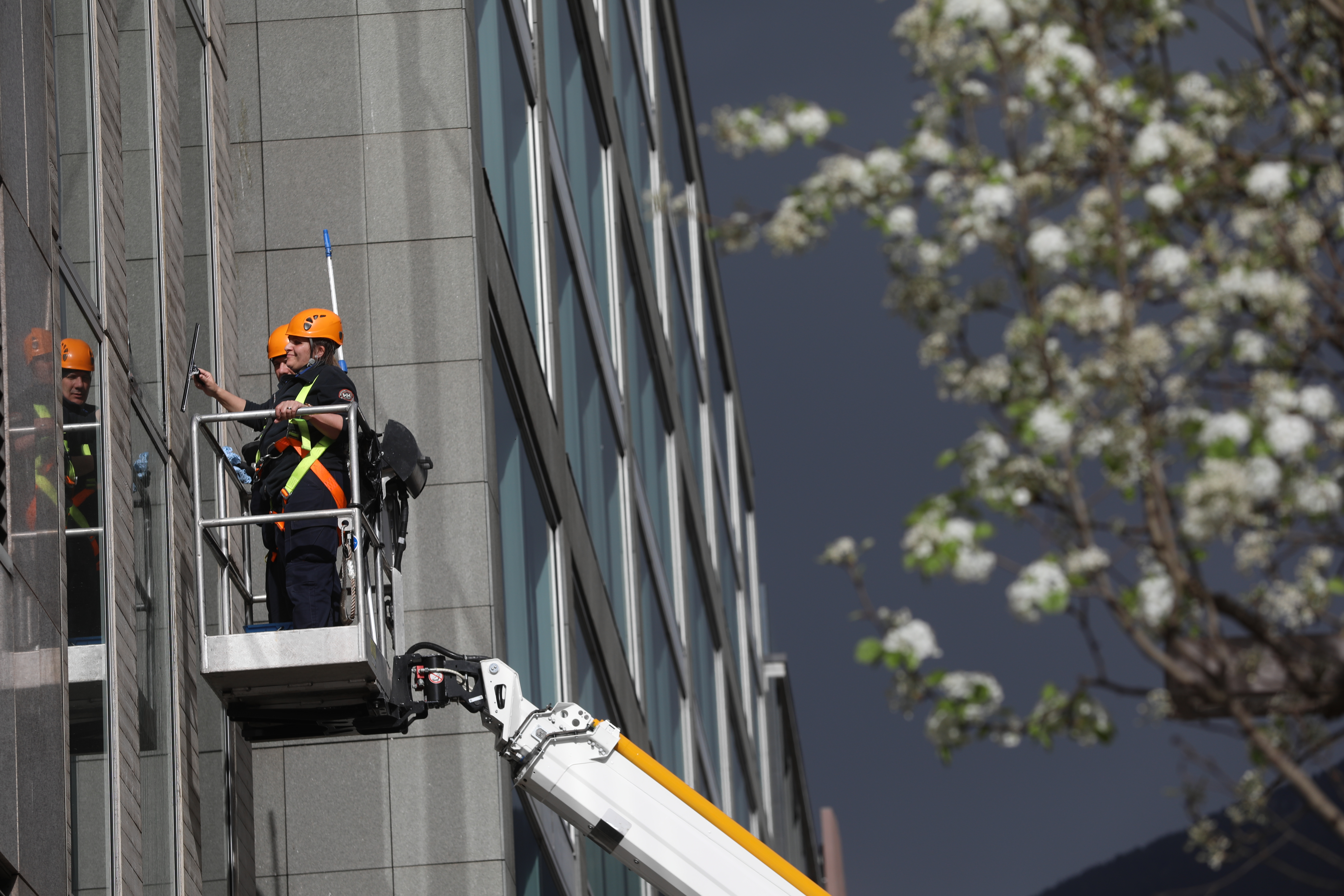 Two workers cleaning some windows.