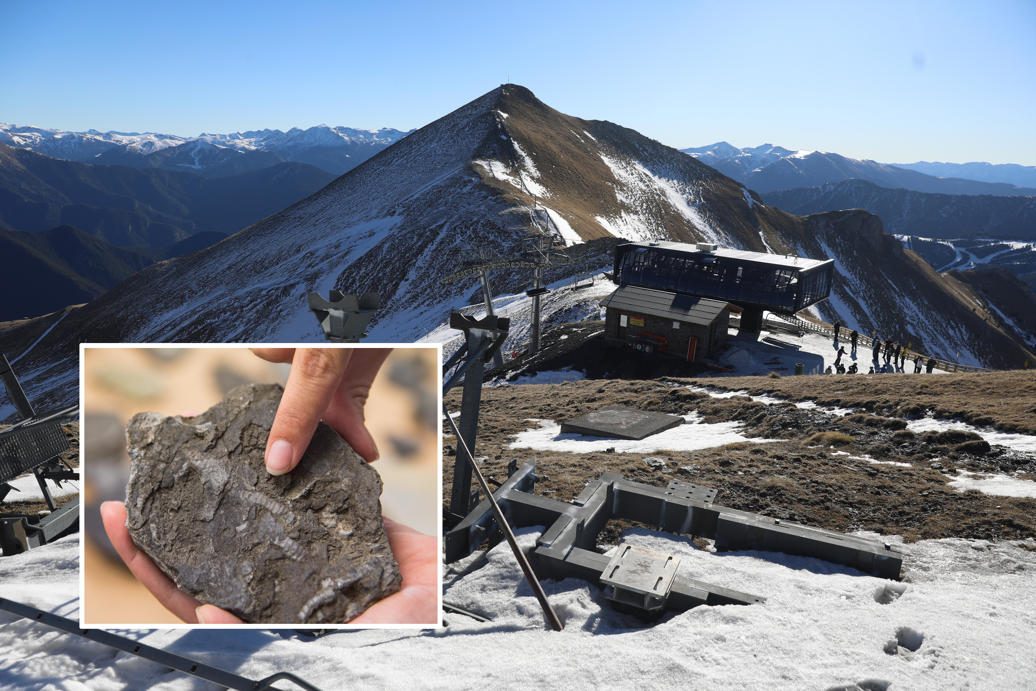 The Port Negre chairlift and a fossil preserved by Patrimonio.