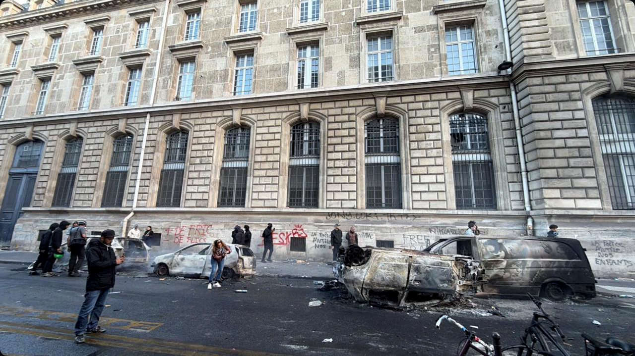 Burnt cars near the Place de la République in Paris.