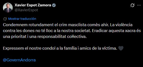 Xavier Espot has condemned yesterday's sexist crime on the Comella road
